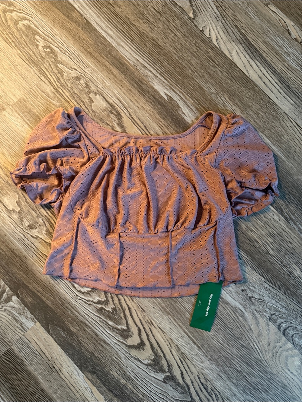 SHEIN Dusty Mauve Eyelet Puff-Sleeve Crop Top